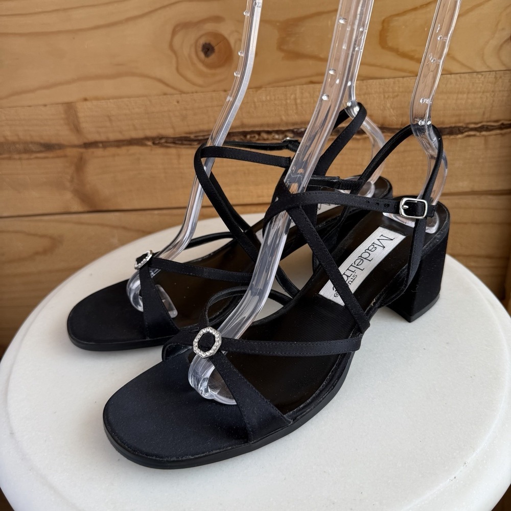 VTG Y2K Madeline Stuart Strappy Block Heels Ring Bling Sz 8.5m Formal Prom Black